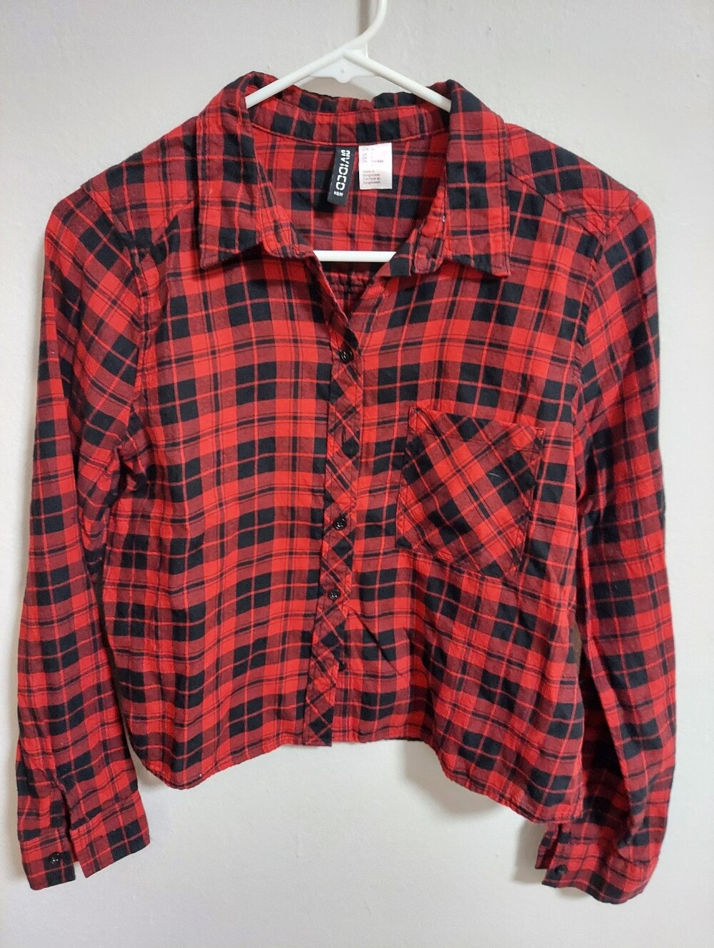Divided Red and Black Plaid Button-Down Cropped Shirt